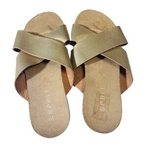 Esprit Sandals Leather Women Size 10.5 Gold Criss Cross Straps 3/4" Heel Comfort